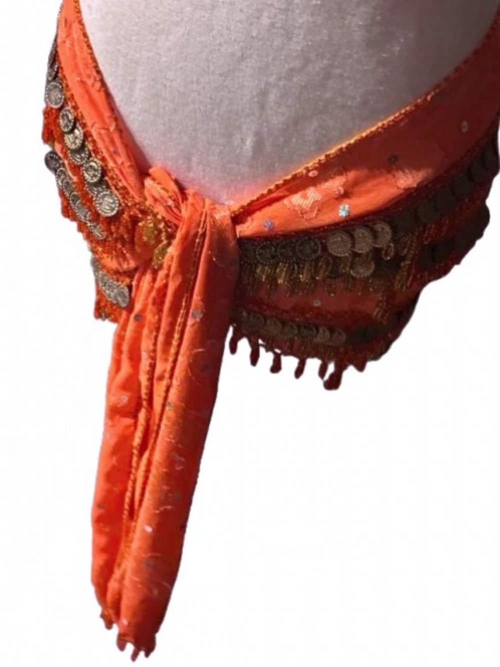 Vintage Belly Dancing Scarf Beaded Coins Floral Orange Red Fringe Shawl - Picture 3 of 12